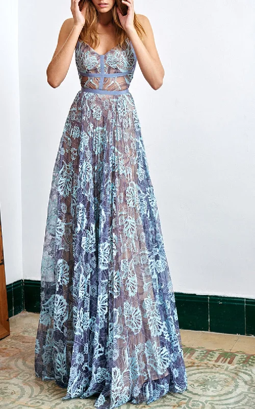 Straps Blue Lace Sheer Long Prom Dresses  New Arrival Sleeveless Evening Gown