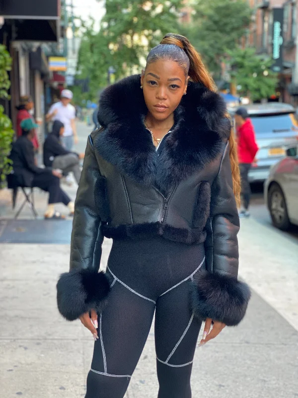 WOMEN SHEARLING- CROP TOP BLACK WITH BLACK FOX FUR Elasticated Padded Insulated