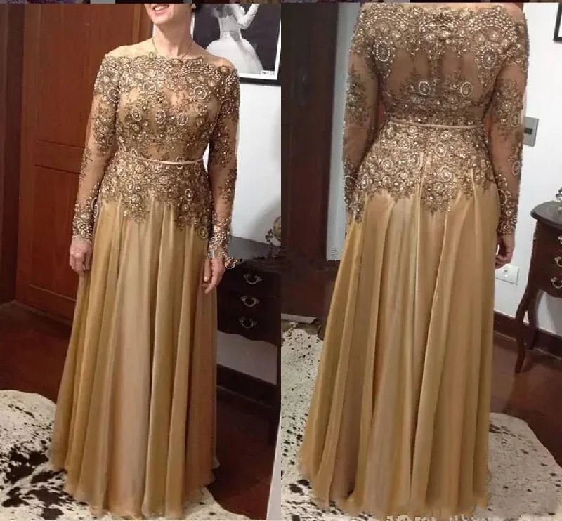 Cinessd Prom Dresses Lace Long Sleeves Mother Of The Bride Dresses A-Line Beaded Crystal Chiffon Evening Party Dress robe de soirée de mariage Turtleneck Warm Winter