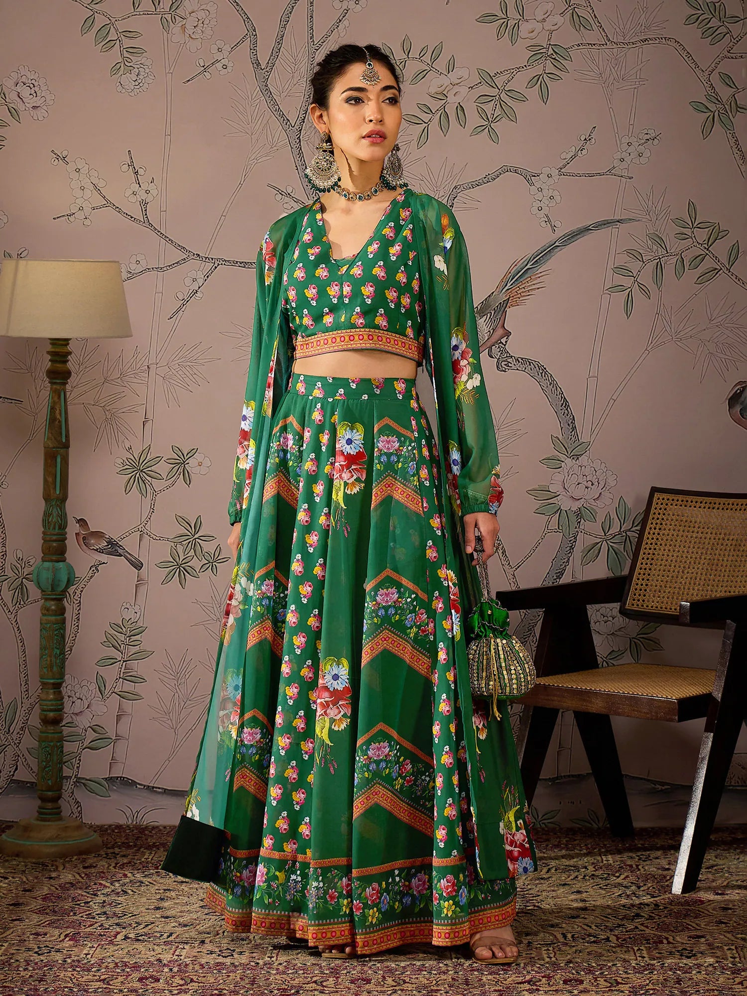 Women Green Multi Floral Crop Top With Anarkali Skirt & Shrug-SHSET96087 Chenille Fabric Brocade Fabric Lace Fabric Women Green Multi Floral Crop Top With Anarkali Skirt & Shrug-SHSET96087 Chenille Fabric Brocade Fabric Lace Fabric