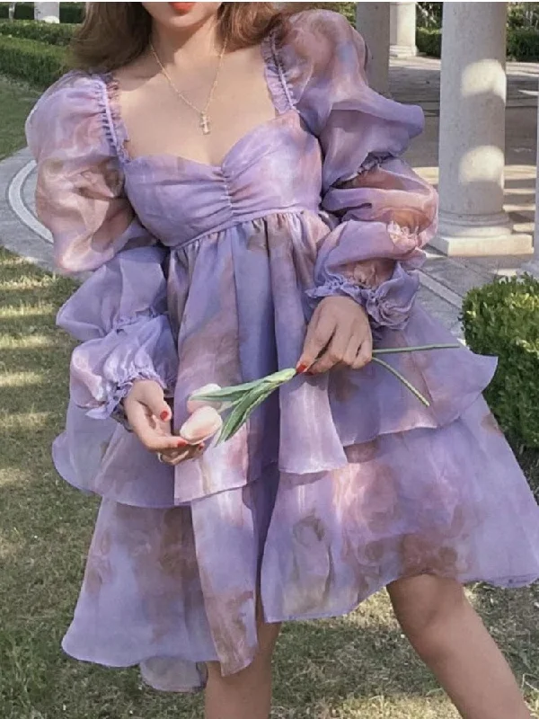Wjczt Birthday Dress For Women Elegant Party Dress Y2k Pink Mesh Chic Woman Evening Vestidos Square Collar Puff Sleeve prom dress Shift Classic Vintage