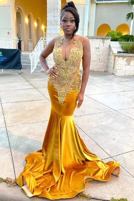 V-neck Gold Velvet Sleeveless Mermaid Long Court Train Prom Party Dresses Tunics Silk luxurious
