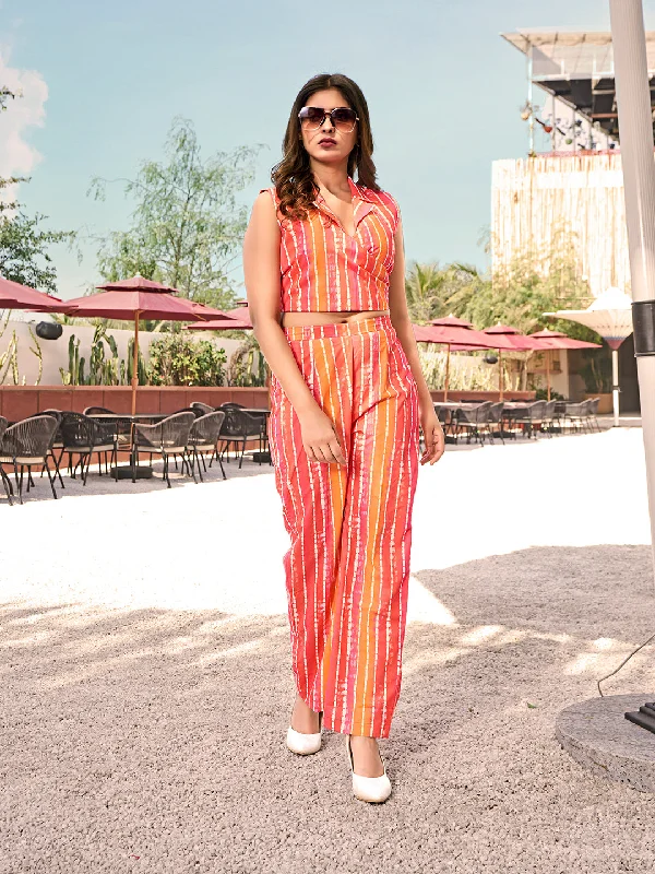 Women's Orange And White Stripes Printed Crop Top With Pant Co-Ord Set - Curvy Lane Welt Pockets Slit Pockets Flap Pockets Women's Orange And White Stripes Printed Crop Top With Pant Co-Ord Set - Curvy Lane Welt Pockets Slit Pockets Flap Pockets