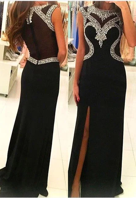 Side Slit Crystal Sheath Black Sleeveless Evening Gown Glamorous  Prom Dress