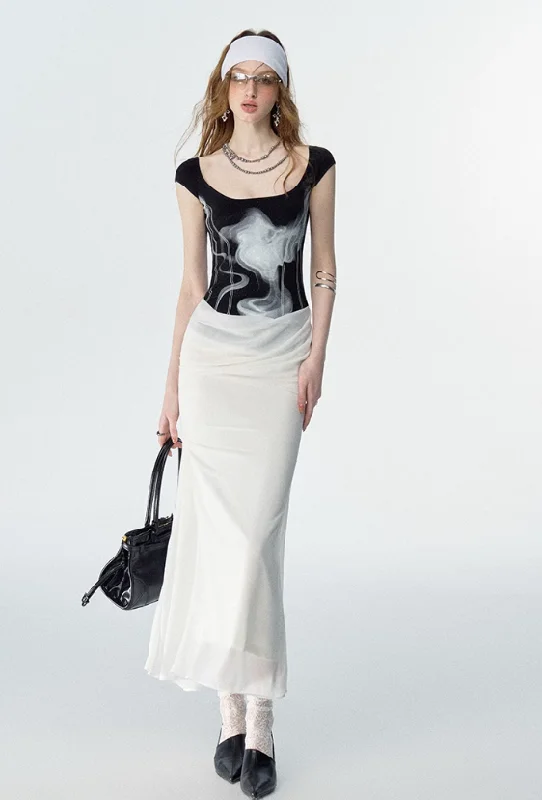 Black And White Fake Two-piece Printed Vest Dress OFA0123