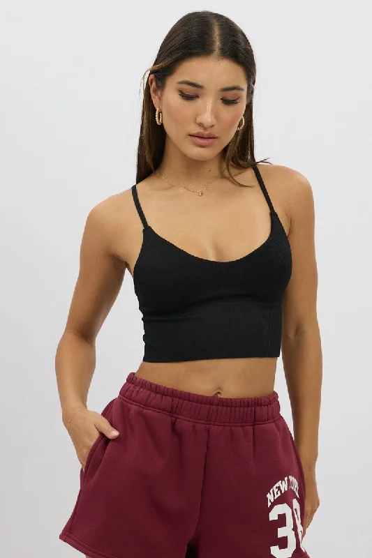 Black V Neck Cami Crop Top Seamless Chenille Blend Fleece Blend Nylon Blend