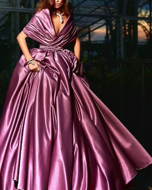 Cinessd  Elegant Purple Satin Long Prom Dresses Sexy Shawl V-Neck Off The Shoulder Pleat Ruched Formal Evening Party Dresses 2022 Tunics Party sparkling