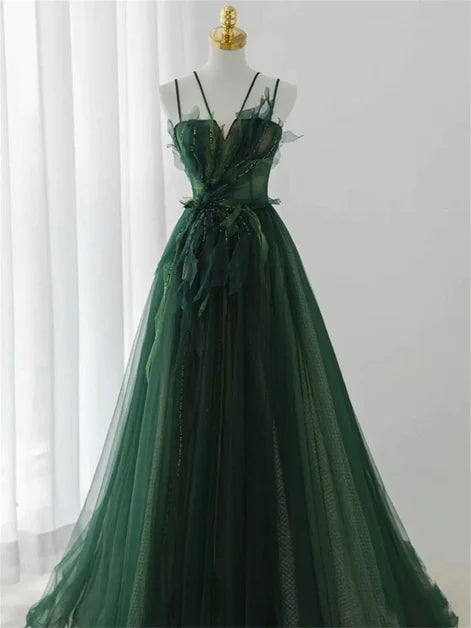 Charming dark green long beaded sequins A-line evening dress party dress, dark green shoulder strap sleeveless backless and floor length evening dress Sequined Elegant Party