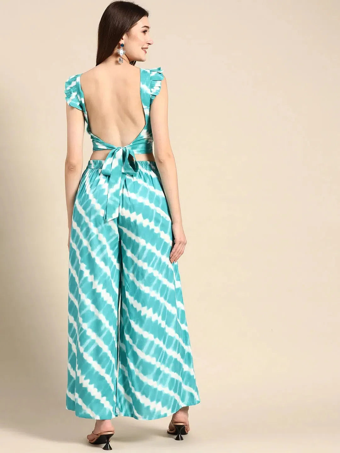 Crop top with back tie and plazzo pants in Aqua Blue Wool Fabric Cashmere Fabric Tweed Fabric Crop top with back tie and plazzo pants in Aqua Blue Wool Fabric Cashmere Fabric Tweed Fabric
