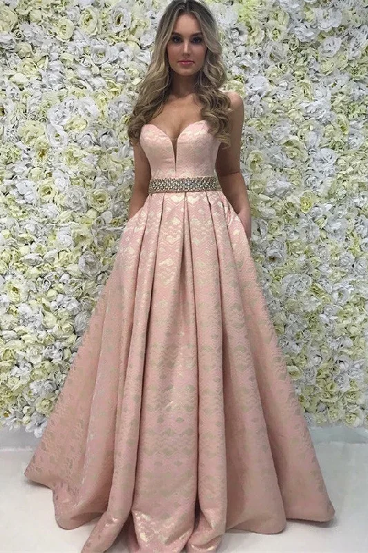 Fashion Sleeveless Crystal-Sash Sweetheart Prom Gown |  A-Line Ruffles Prom Dresses