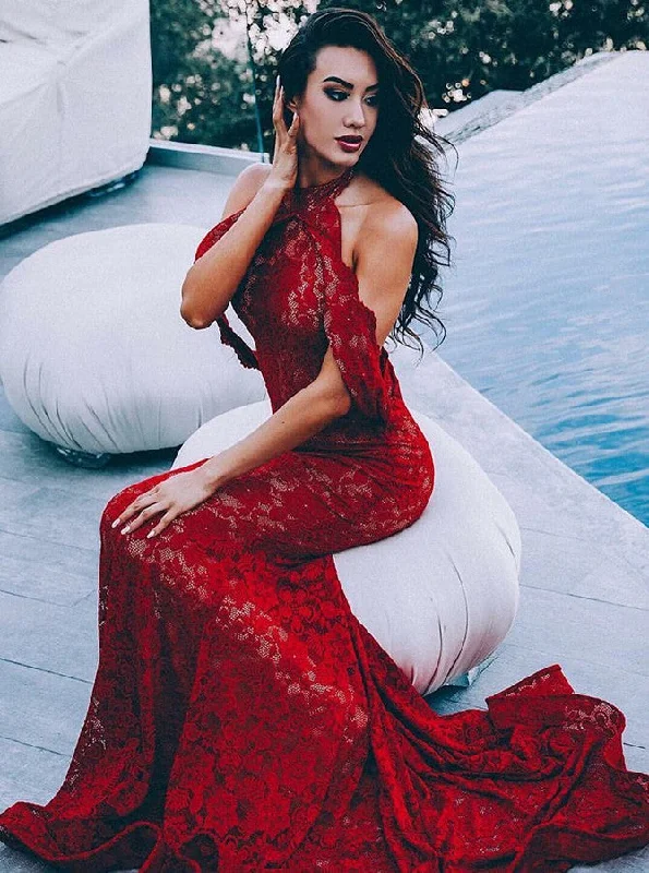 Elegant Burgundy Mermaid Prom Dresses |  Lace Halter Evening Dresses Long