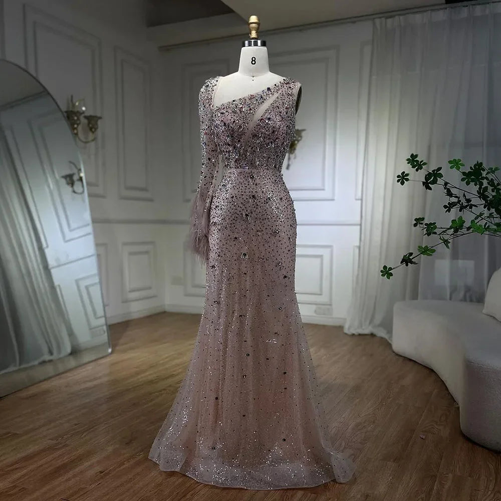 Serene Hill Pink Elegant Mermaid with Skirt Crystal Beaded Feathers Luxury Evening Dress Ladies Wedding Party Dress 2024 LA72377 Tunics Sophisticated sleek
