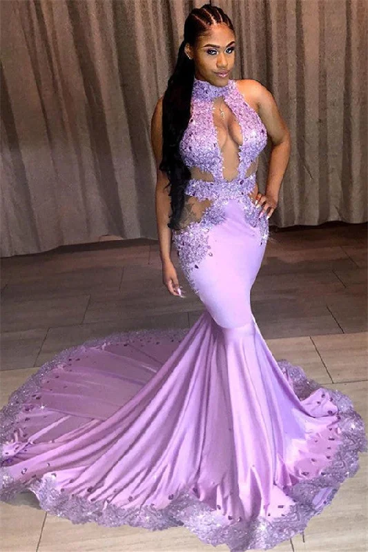 Charming  High Neck Sweep Train Mermaid Prom Dresses | Sleeveless Appliques Fashion Evening Gown BC1316