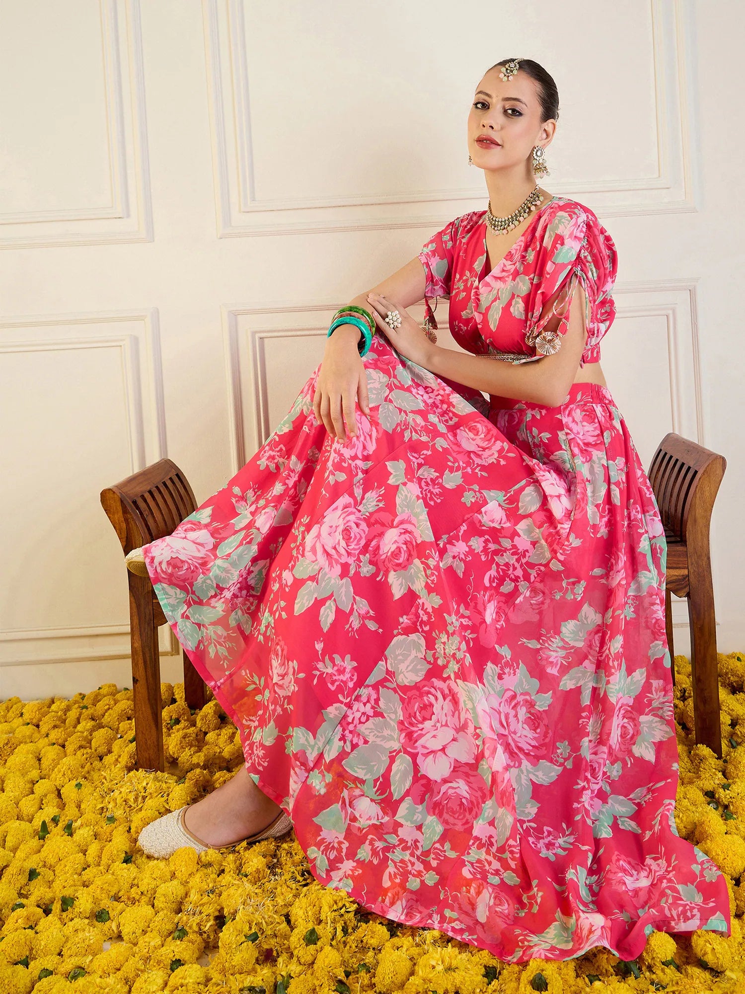 Women Red Floral Anarkali Skirt With Crop Top-SHSET95948 Spandex Blend Rayon Blend Denim Blend Women Red Floral Anarkali Skirt With Crop Top-SHSET95948 Spandex Blend Rayon Blend Denim Blend