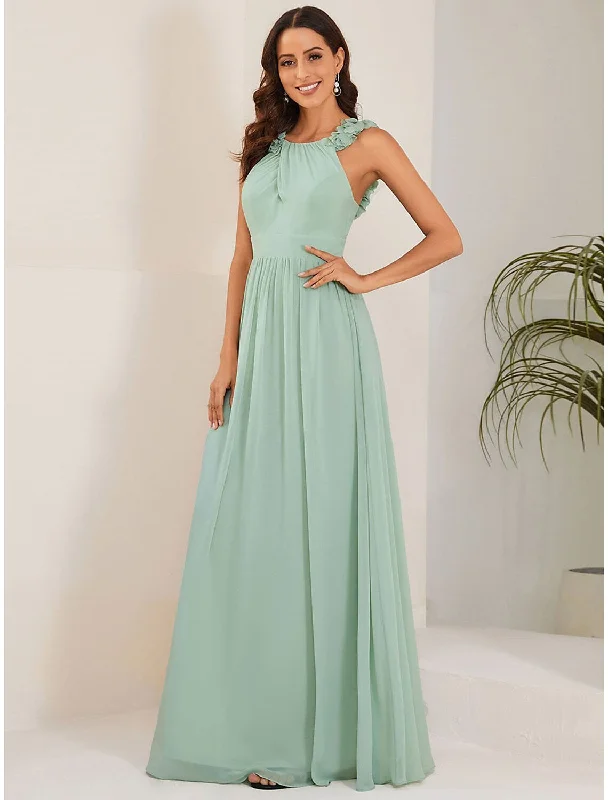 A-Line Wedding Guest Dresses Elegant Dress Formal Floor Length Sleeveless Chiffon with Pleats Flower A-Line Wedding Guest Dresses Elegant Dress Formal Floor Length Sleeveless Chiffon with Pleats Flower