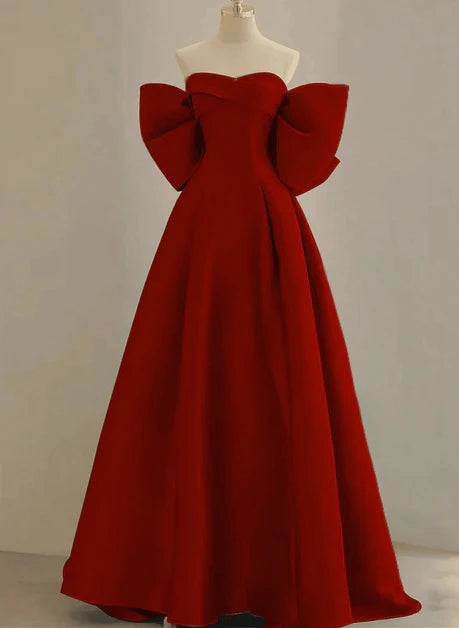 Noble and minimalist wine red satin off the shoulder sleeveless long dress party dress wine red A-shaped backless bow and floor length evening dress Tunics Short Trendy