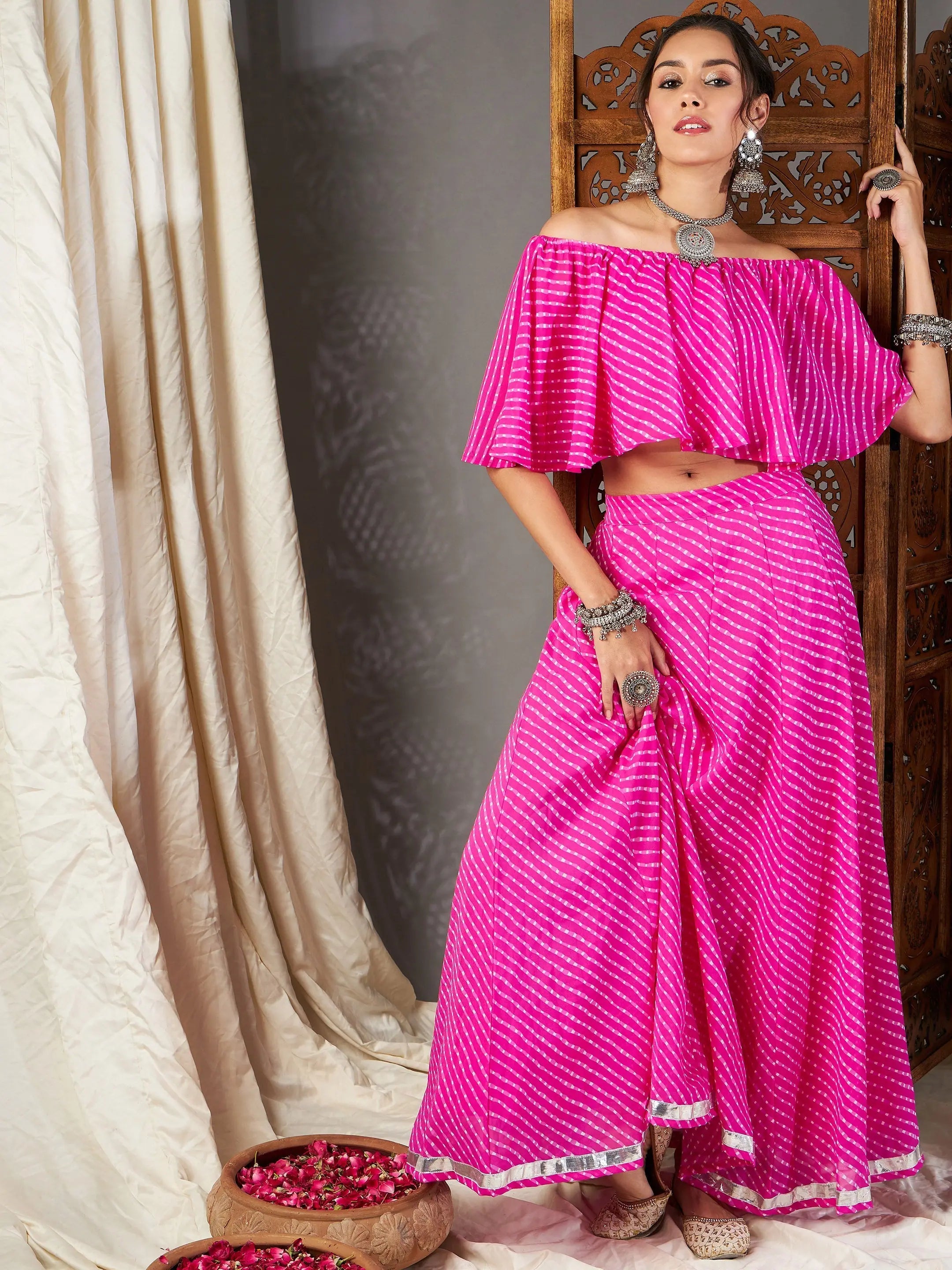 Women Pink Lehariya Off Shoulder Crop Top With Anarkali Skirt Thin Crop Top Open Front Quick Dry