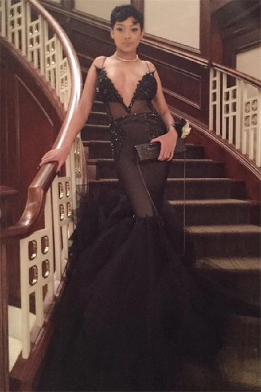 Spaghetti Straps Black Deep V-neck Evening Dress  Mermaid Sexy Prom Dress FB0017