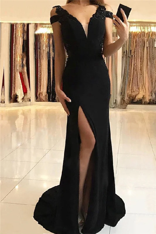 Sexy Split Black Formal Evening Dresses | V-neck Sheath Sexy  Prom Dresses Online