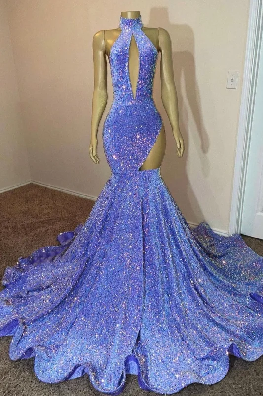 Halter Sequin Lavender Keyhole Mermaid Prom Party Dresses with Cutout Tunics Corduroy durable