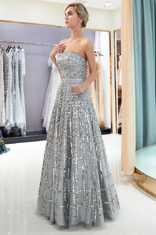 Elegant Strapless A-Line Long Evening Dresses |  Sequins Floor Length Evening Gowns Online