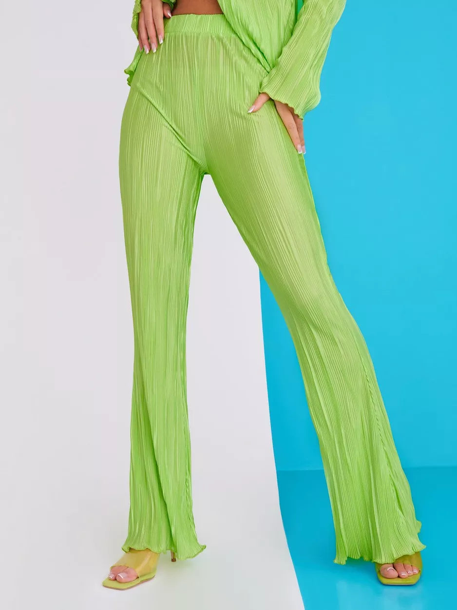 Flared Plisse Pants Green Stylish Slim Trousers