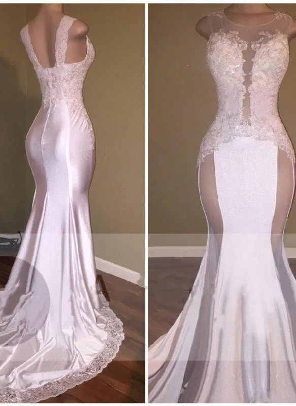 Sexy Mermaid Appliques Sheer Evening Gown  White Beading Lace Glossy Prom Dresses