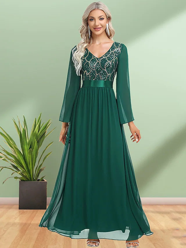 A-Line Evening Gown Elegant Dress Party Wear Floor Length Long Sleeve V Neck Chiffon with Sequin A-Line Evening Gown Elegant Dress Party Wear Floor Length Long Sleeve V Neck Chiffon with Sequin