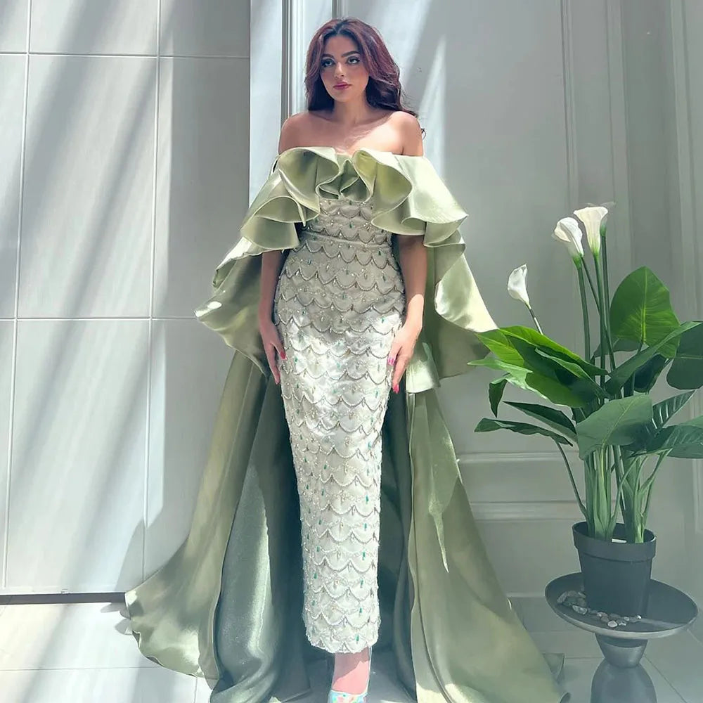 Serene Hill Luxury Dubai Arabia Sage Green Evening Dresses Gowns With Cape Beaded Women Wedding Party Dress 2024 LA72567 Off-the-shoulder Bohemian Festive