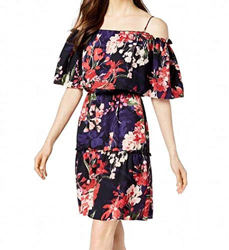 Connected Apparel Womens Floral Tiered Cocktail Dress Multi  Color Navy