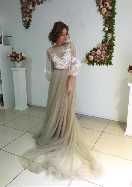 Elegant Open Back Evening Dress  New Design Long Sleeve Flowers Prom Dress BA3812