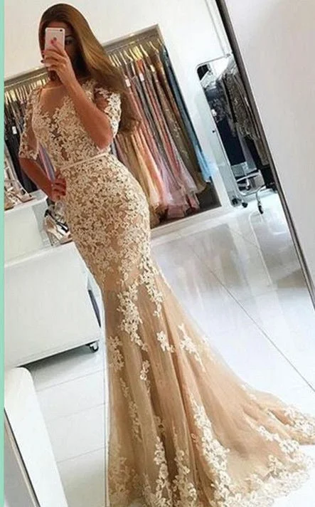 Lace Champagne Mermaid Evening Gowns  Half Sleeves Open Back Prom Dresses