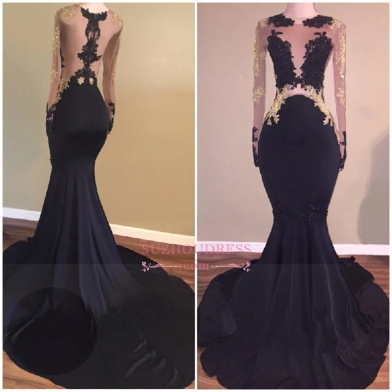 Zipper Long Sleeve Evening Gown  Black Sexy Lace Mermaid Prom Dress BA5324
