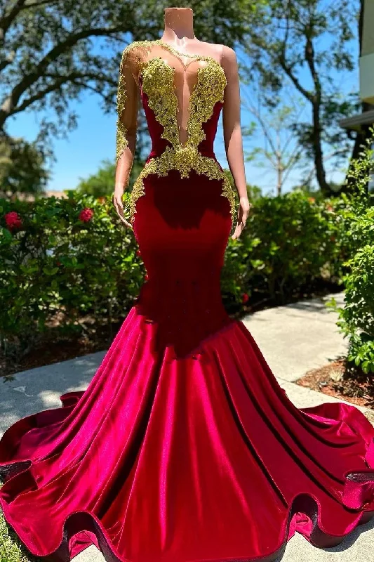 Long sleeves One shoulder Gold Appliques Burgundy Prom Party Dresses Tunics Leisure comfortable