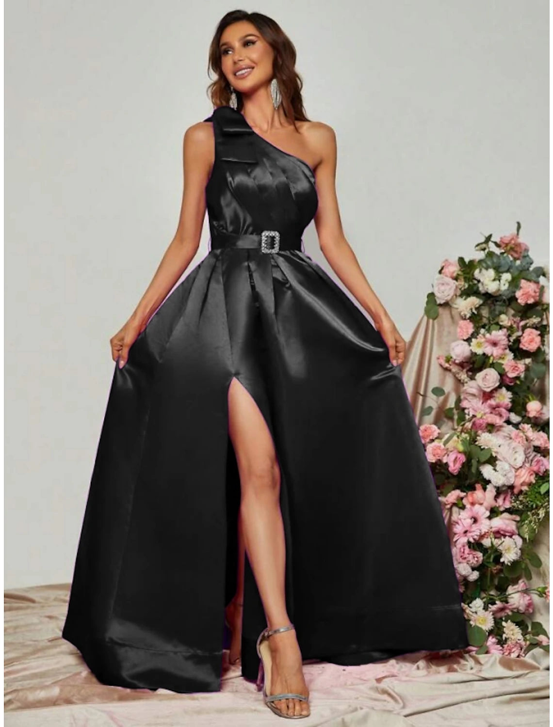 A-Line Evening Gown Black Dress Plus Size Party Dress Formal Fall Floor Length Sleeveless One Shoulder Satin with Pleats Slit Strappy Tunics Cozy soft