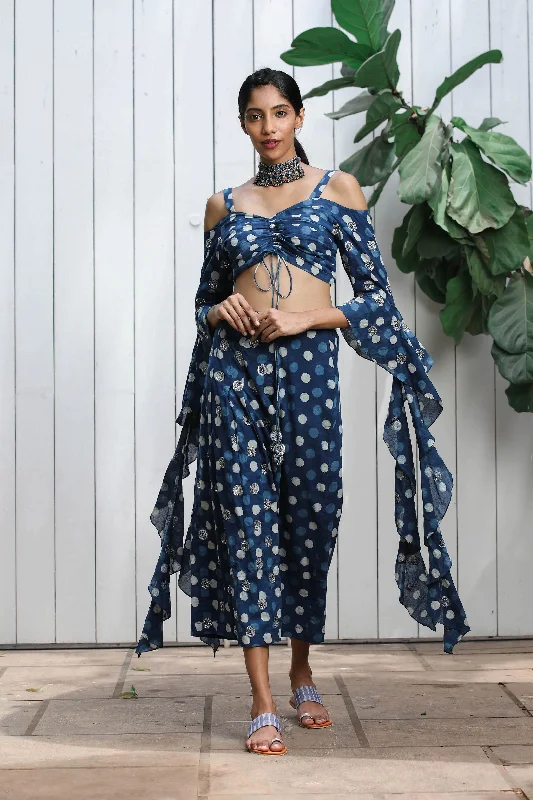 CROP TOP WITH SIDE RUFFLES & CULOTTES PANT Satin Blend Silk Blend Wool Blend