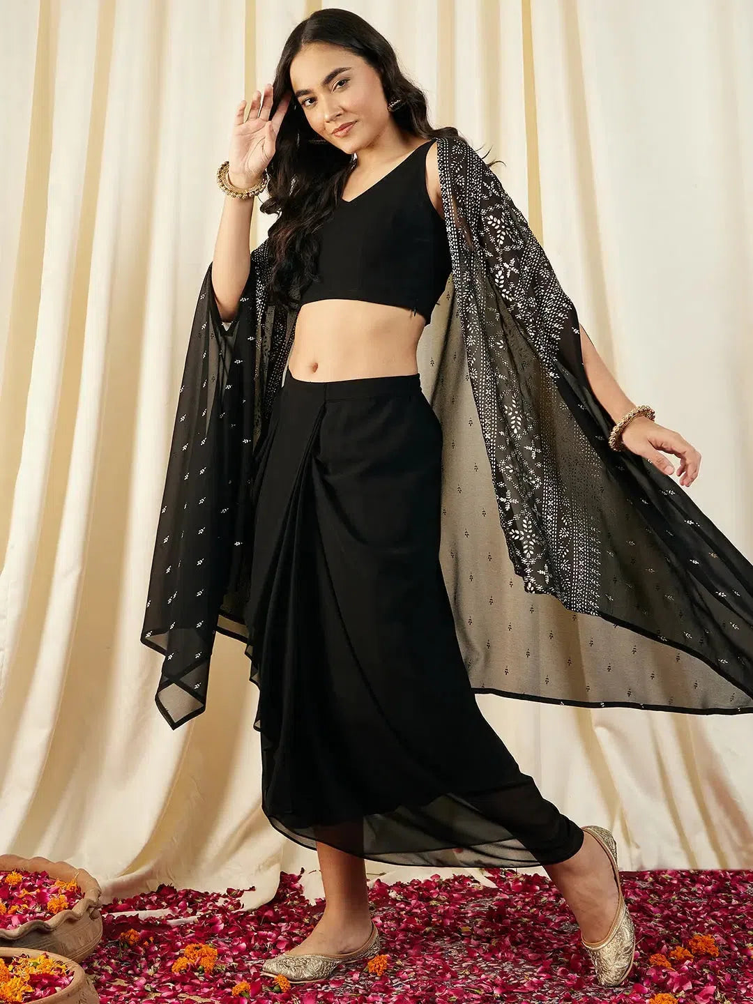 Crop Top with Draped Skirt And Cape in Black Color Notch Collar Peter Pan Collar Cowl Neck Crop Top with Draped Skirt And Cape in Black Color Notch Collar Peter Pan Collar Cowl Neck