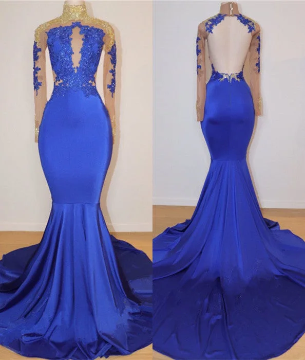 Royal Blue High Neck Prom Dresses | Open Back Mermaid Appliques Evening Dress BC0717