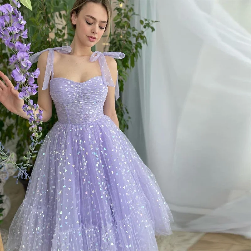 Cinessd  Lavender Hearty Tulle Prom Dresses Sweetheart Spaghetti Straps A-Line Wedding Party Dresses Tea-Length Evening Gown Tunics Luxurious high-end