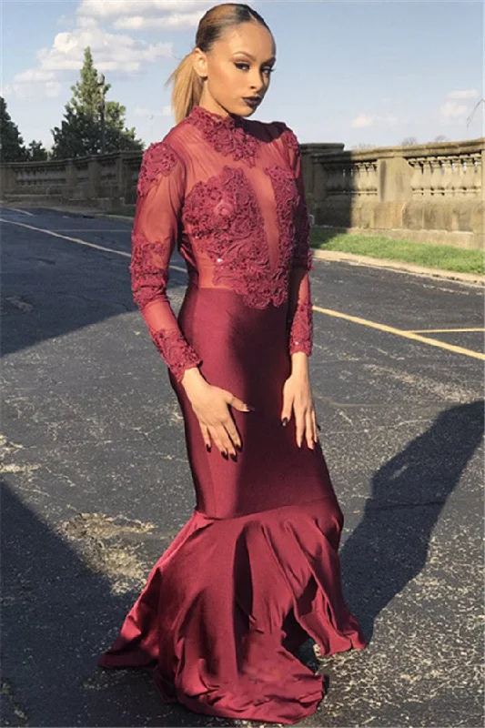 New Arrival Mermaid Long-Sleeves Crew Prom Gown | Lace Appliques Burgundy Prom Dress