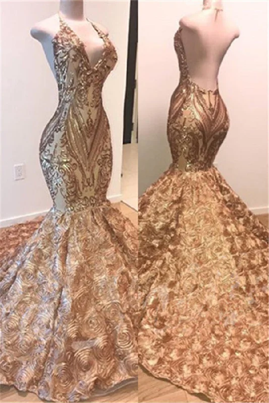 V-neck Backless Sexy Gold Prom Dress Online | Mermaid Appliques  Floral Prom Dress with Long Train Bc1609