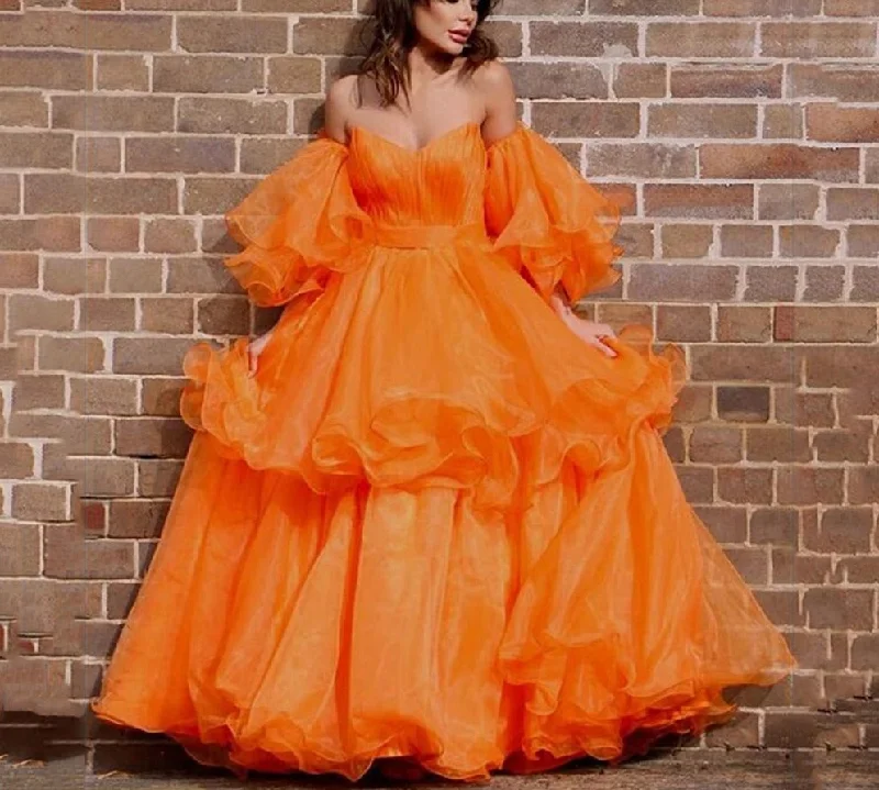 Cinessd  Orange Off Shoulder Prom Dresses Ruffles Sleeves Organza Sweetheart Neck Tiered Floor-Length Evening Party Dresses Zipper Tunics Bridal satin