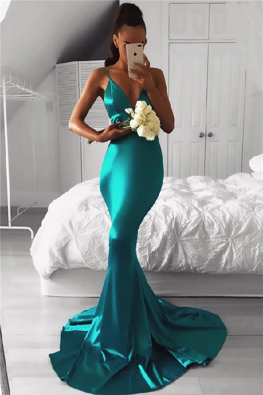 V-neck Mermaid Spaghetti Straps Evening Gown Sleeveless  Long Formal Dress BA7761