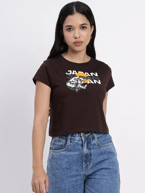 Coffee color Crop top with Japan rising sun print-SICT0010724 Striped Floral Plaid