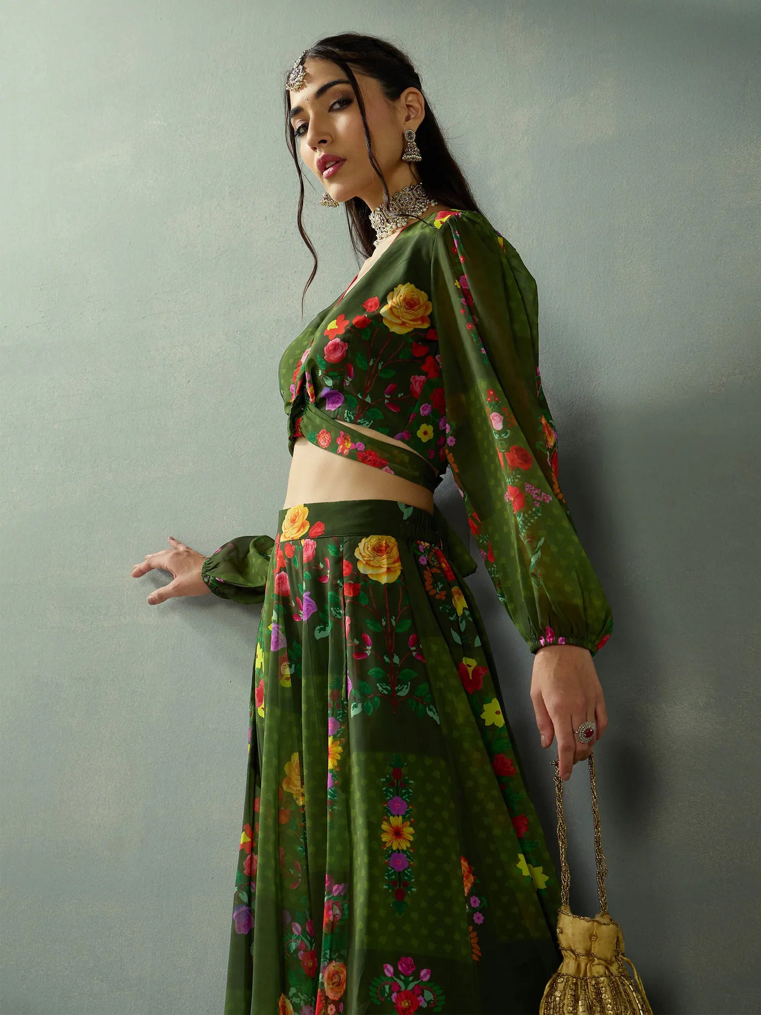 Women Green Floral Tie Knot Crop Top With Anarkali Skirt-SHSET96067 Collared Crew Neck Turtle Neck