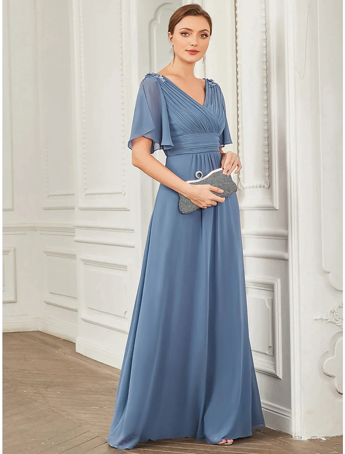 A-Line Prom Dresses Party Dress Wedding Guest Floor Length Short Sleeve V Neck Chiffon with Ruched Appliques Tunics Chic fashionable A-Line Prom Dresses Party Dress Wedding Guest Floor Length Short Sleeve V Neck Chiffon with Ruched Appliques Tunics Chic fashionable