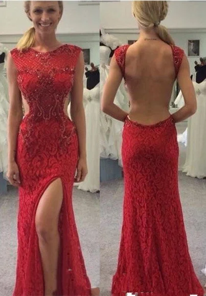 Split Red Long Mermaid Prom Dress  Sexy Backless Lace Prom Dresses