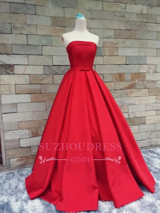 Simple Bows-Sashes Puffy Evening Dresses  Red Strapless Prom Dresses