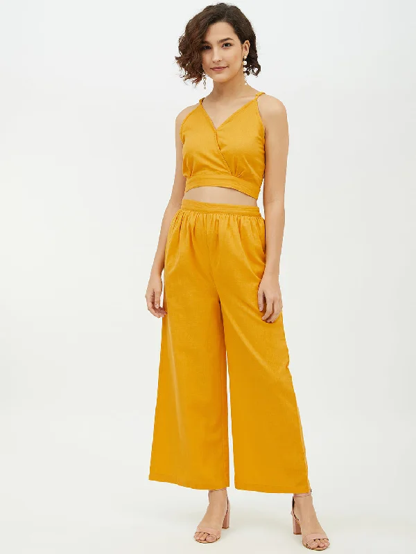 Yellow Cotton Linen Crop Top And Pallazo Set Polka Dot Checkered Tartan