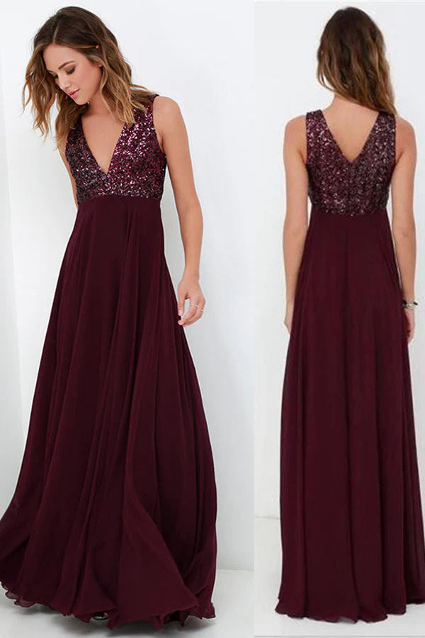 Burgundy A Line Floor Length Deep V Neck Sleeveless Bridesmaid Dresses Wedding Party Dresses Tunics Polka dots